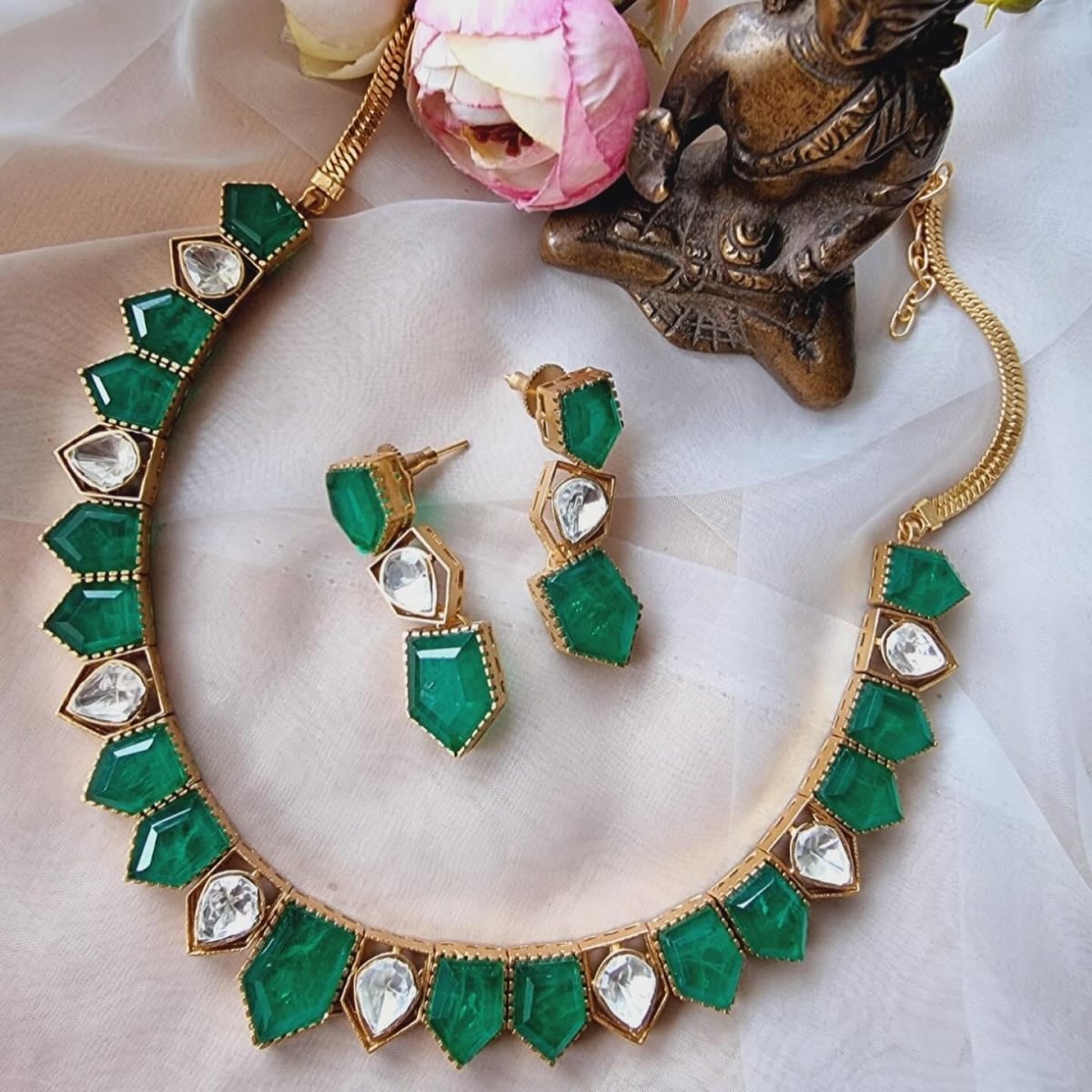 Pentagon Shape Kundan Stone Necklace with Earrings - MR Jewels
